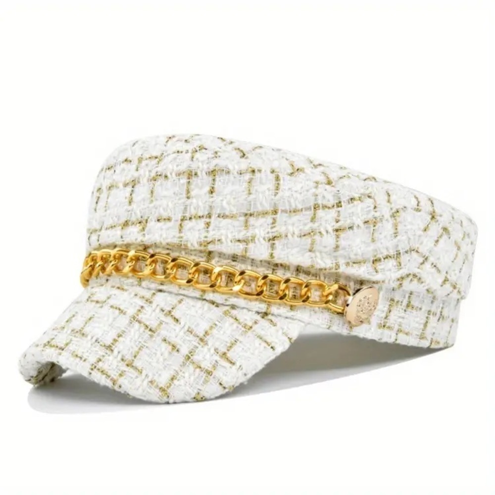 New White Tweed Cap w/Gold Chain Across Visor